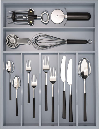 Utensil Organizer Silverware Drawer Organizer - 7 Slots Bamboo Utensil Tray Multifunctional Small Silverware Organizer for Kitchen Utensils, Garage Tools, Makeup Storage W13”x L17” (Grey)