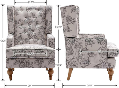 DUOMAY Tufted Accent Chair Set of 2, Modern Linen Upholstered Wingback Side Arm Chair for Living Room Bedroom with Wood Legs, Comfy Reading Guest Chair for Office, Beige Flower Pattern