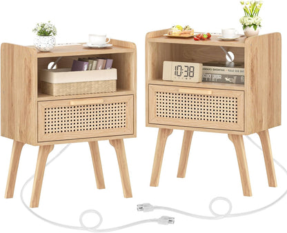 Lerliuo Rattan Nightstands Set of 2 with Charging Station, Boho Night Stand with Handmade Natural Rattan Drawer and Open Shelf, Side End Tables with Solid Wood Legs for Bedroom, Dorm, Small Spaces
