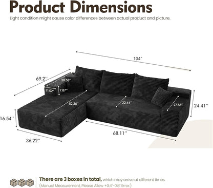 HOOOWOOO Cloud Sectional Couches for Living Room,Modular Sectional Sofa No Assembly,Plush Corduroy Large Floor Couch Furniture Set with Deep Seat Left Chaise L Shape(Black)