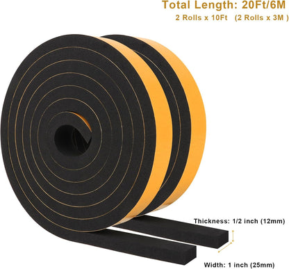 Weather Stripping Soundproof 1 in x 1/2 in, Weatherproof Foam Insulation Tapes, High Density Weatherstrip Seal Strips for Sliding Door Window, 2 Rolls Total 20Ft