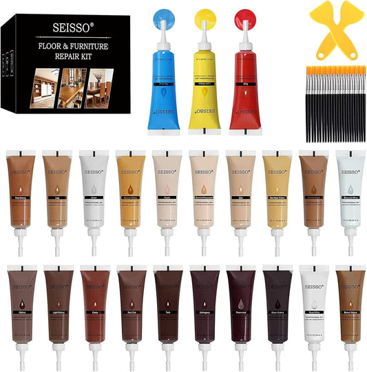 SEISSO Furniture Repair Kit 50 Pcs, 24 Colors Wood Fillers, Wood Paint, Wood Repair Kit, Wood Touch up Fillers Repair Scratches, Discoloration, Cracks, Stains, for Wooden Tables, Cabinet, Floors, Door