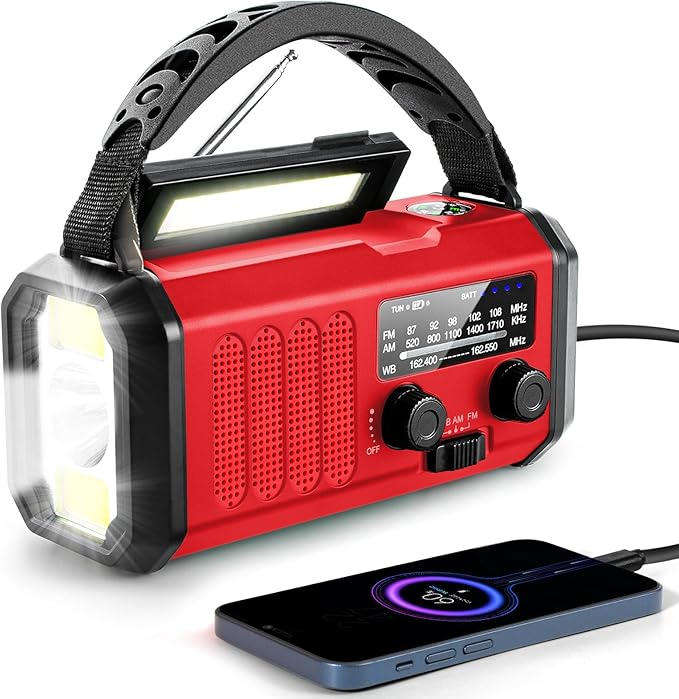 10000mAh Emergency Crank Radio, NOAA/AM/FM Weather Radio, Type-C Charge,Solar Charging,SOS, 3 Modes LED Torch, Reading Lamp, Compass for Outdoor Survival (Red)
