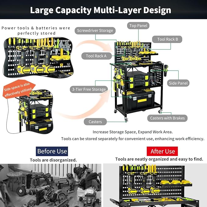 Lumizone Rolling Tool Cart with Wheels and Pegboard Hooks Folding Utility Service Cart for Garage Organizer Storage Foldable Power Tool Organization on Wheels Heavy Duty Frame (Tool Cart+Hooks)