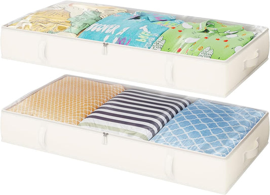 2-Pack Under Bed Storage, 6 Inches Tall Closet Organizers and Storage Bins with Sturdy Sidewalls/Bottom/4 Handles, Beige