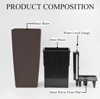 2Pcs 23in High Large Plant Pots Planter-Self-Watering,Modern Planter with Drain Holes,Water Level Monitor,Inner Bucket for Indoor/Outdoor Front Porch Patio,Brown Rattan