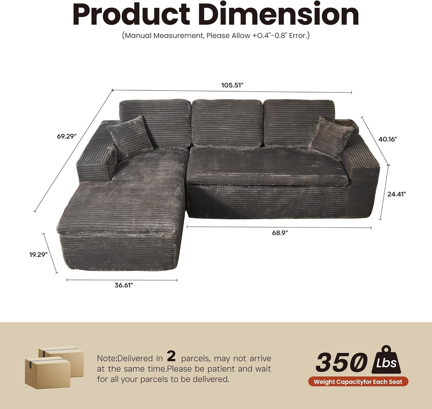 ovios 105” Modular Sectional Sofa with Thicken Seat Cushion, Cloud Couch with Deep Seat, Modern L-Shape Sofas Couches with Chaise,Upholstered Couches for Living Room Bedroom,Grey