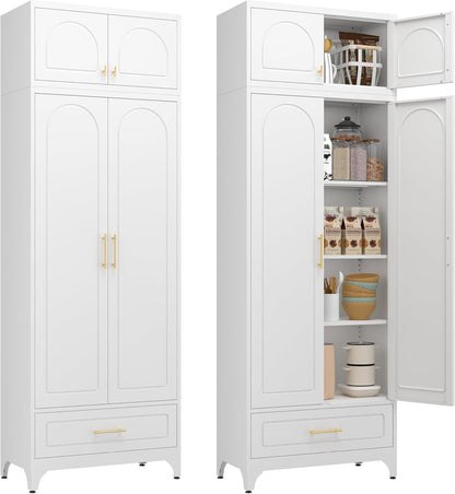 Kitchen Cabinet, 90" Tall Metal Pantry Cabinet, Freestanding Cupboards with One Drawer, Food Storage Cabinets for Dining, Living Room, White, 16" D x 32" W x 90" H, Assembly Required