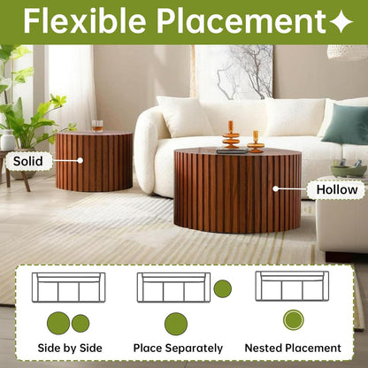 Round Nesting Coffee Table, Drum Wood Coffee Table Set of 2 Brown, Modern Fluted Nesting Tables Circle Center Table 2 Piece for Small Spaces Living Room Bedroom Balcony Office, No Assembling