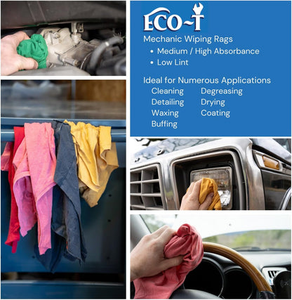 10 Lb Box Eco-T Mechanic Shop Rags - Colored T-Shirt Material, 100% Recycled, Eco-Friendly, High Absorbency, Low Lint, Low-Cost, Industrial Use Wiping Cloth