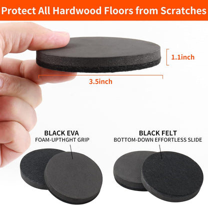 Ezprotekt 3.5" Felt Furniture Movers Sliders for Hardwood & Vinyl Floors, 16 Pcs Round Reusable Felt Furniture Moving Pads for Heavy Duty Sofa Bed Couch Cabinet, Move Items and Quickly (Black)