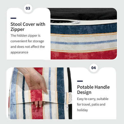 Inflatable Ottoman Stool D21 xH9 for Outdoor/Indoor Use, Water Repellent Patio Foot Rest Stool with Portable Handle,Round Pouf Ottoman Suitable for Garden,Deck and Camping - Stripe Red Blue