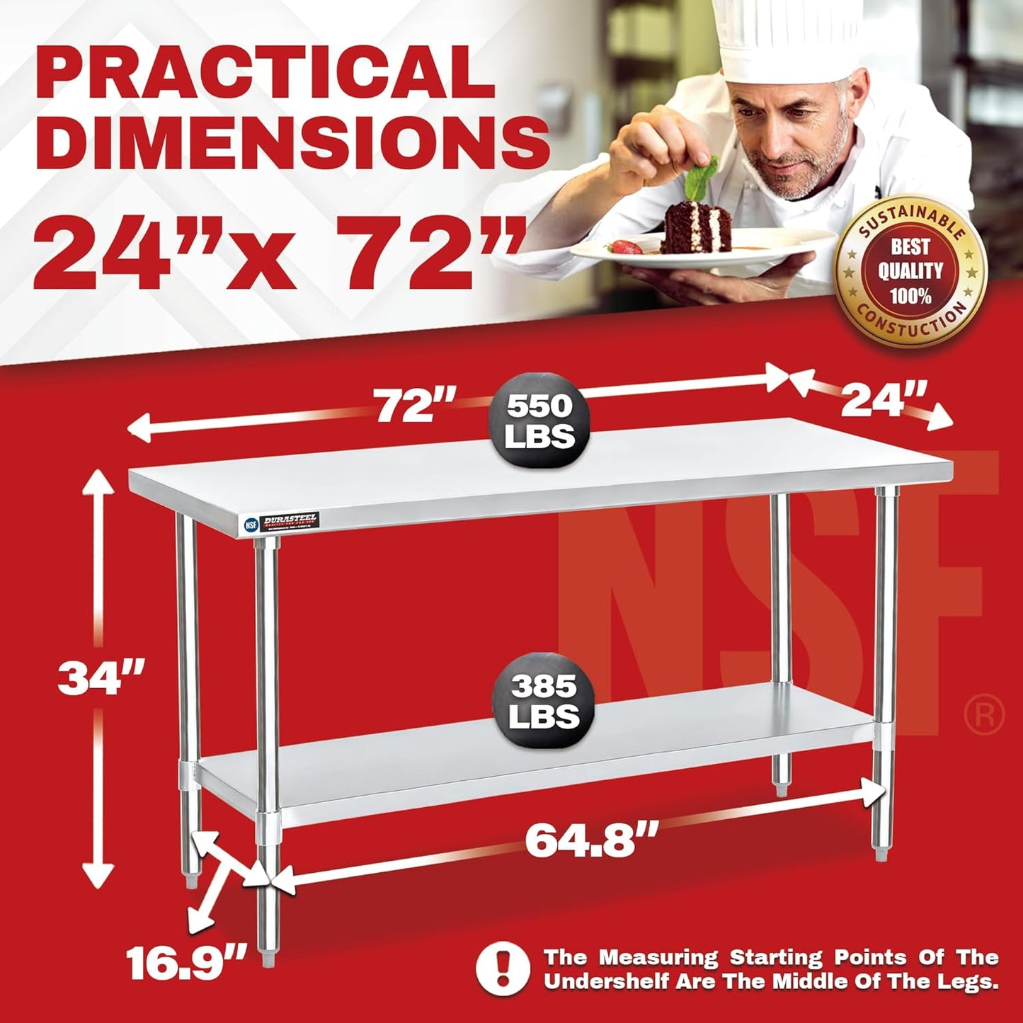 DuraSteel 24x72 Stainless Steel Work Table - NSF Commercial Prep Metal Table - Outdoor Pizza Oven Stand w/Under Shelf - Kitchen Island Laundry Utility Garage Microwave Stand Rolling Storage Cart Vevor