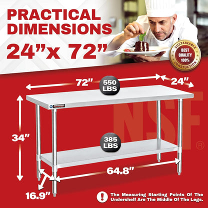 DuraSteel 24x72 Stainless Steel Work Table - NSF Commercial Prep Metal Table - Outdoor Pizza Oven Stand w/Under Shelf - Kitchen Island Laundry Utility Garage Microwave Stand Rolling Storage Cart Vevor