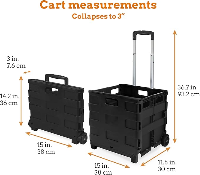 Inspired Living Ultra-Slim Rolling Collapsible Storage Pack-N-Roll Utility-carts, with Telescopic Handle, for Home, Garden, Shopping, Office, School use, Medium, Black