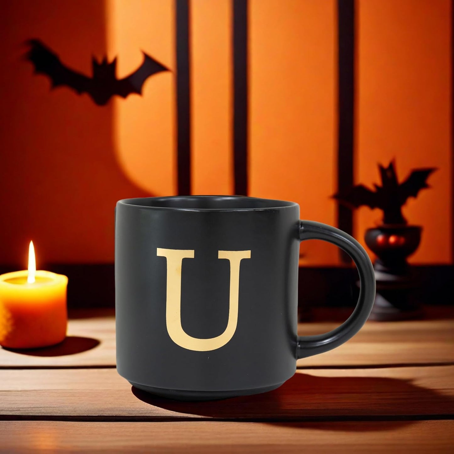 COLLECTIVE HOME - Monogram Ceramic Mugs, 15 oz Golden Initial Black Coffee Cups, Elegant Alphabet Tea Mugs, Elegant Personalized Mug with Gift Box, Unique Mug with Double Side Capital Lette (U)