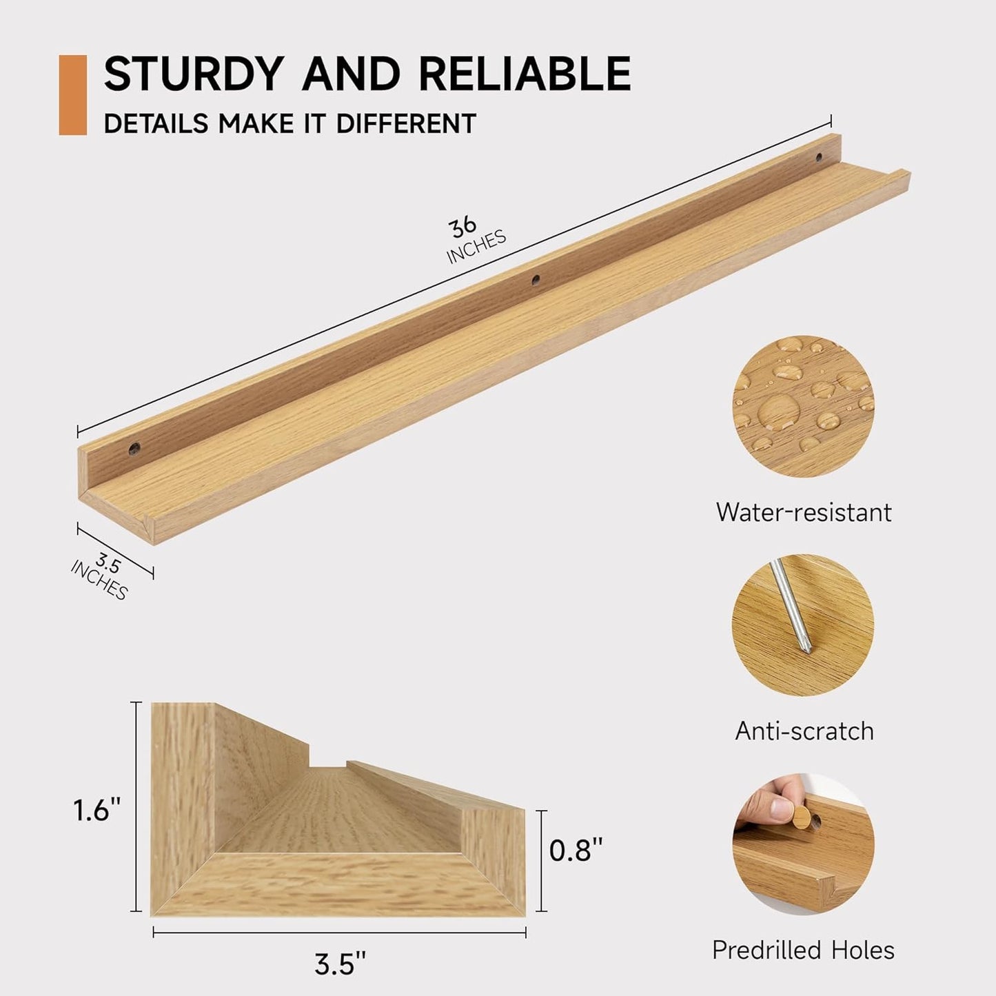 Picture Ledge Shelf for Wall, Floating Shelves Set of 4, 36 Inch Long Nursery Book Shelves for Toys Storage, Kids Bookshelf Wall Mounted for Books Photo Frames, Oak