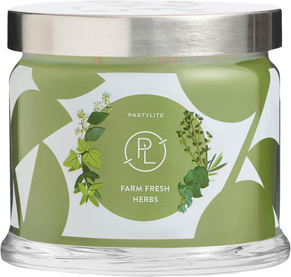PartyLite Farm Fresh Herbs Scented, Notes of Eucalyptus, Thyme, Garden Mint, Cedarwood & Patchouli, 13.2oz 3-Wick Jar Candle, 45 Hour Burn Time, Luxurious Fragrance, Ideal for Gifting