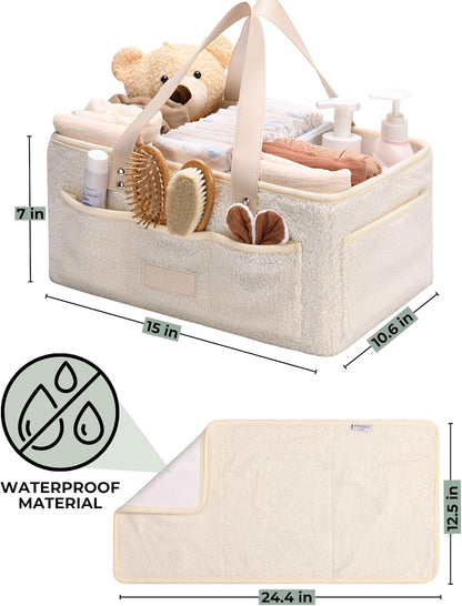 Baby Diaper Caddy Organizer with Portable Changing Mat - Teddy Fleece Diaper Organizer for Changing Table - Basket for Changing Essentials - Baby Essentials Organizer with Removable Dividers