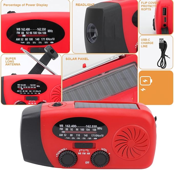 Emergency Radio, NOAA Weather Alert, LED Flashlight, 3 Power Source Emergency Radio Hand Crank, Solar and Battery Powered for Outdoor Emergency Preparedness and Camping