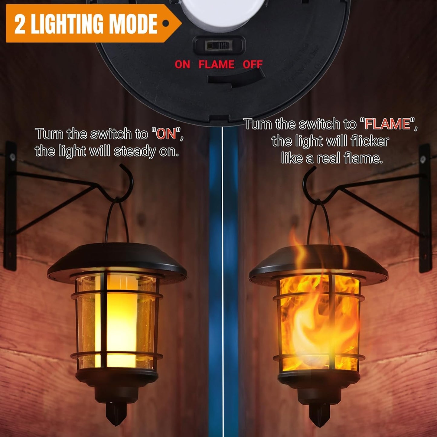 Dynaming Solar Flame Wall Lanterns, Outdoor Solar Wall Hanging Lights, Flickering Flame LED Lights Auto On/Off Wall Mounted Sconce Lights with Hooks, Waterproof for Garage Stair Patio Porch, 2 Pack