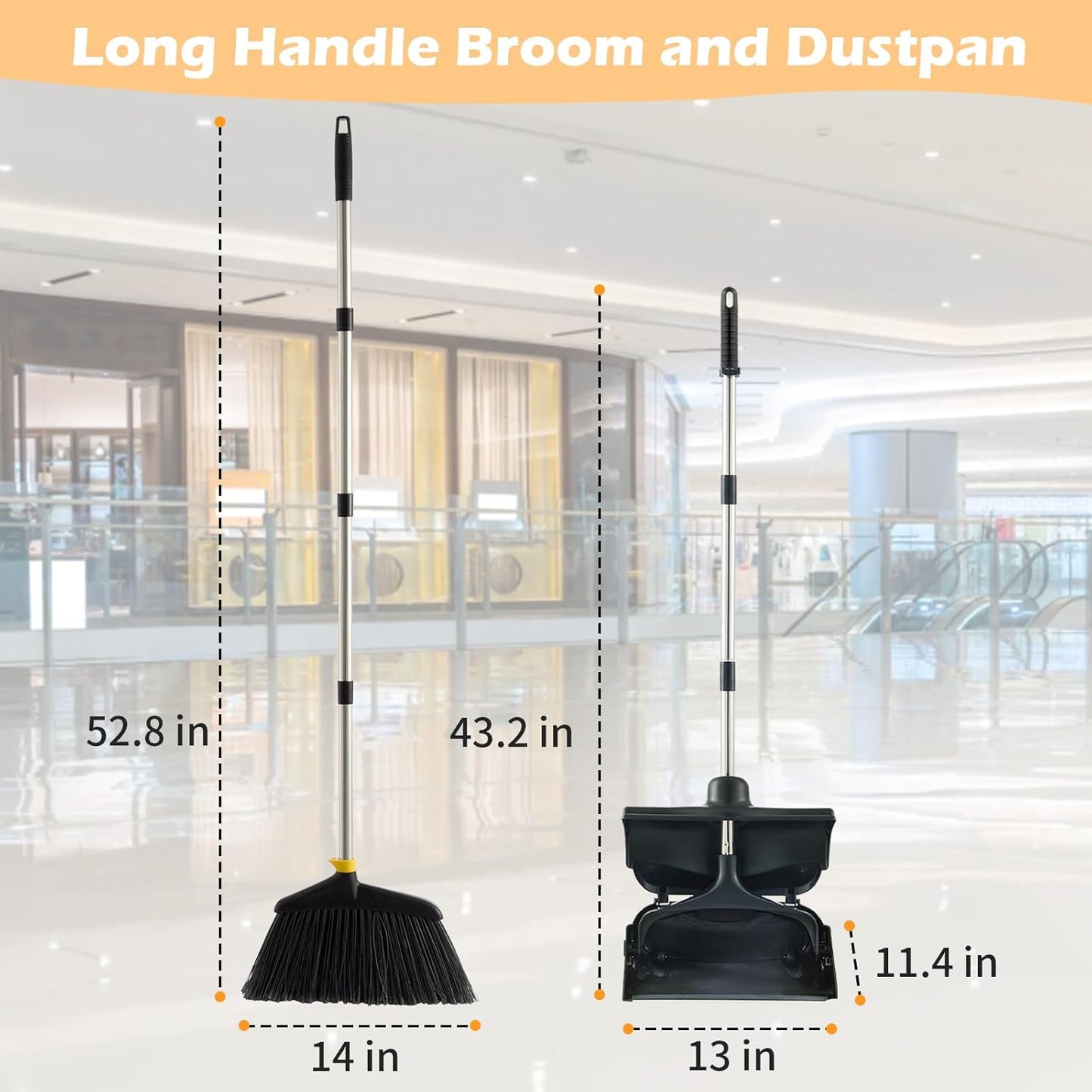 Outdoor Broom and Dustpan Set with Long Handle, Commercial Upright Standing Dust Pan with Windbreak Cover and Brooms Combo for Sweeping Lobby Courtyard Garage Deck Patio Indoor