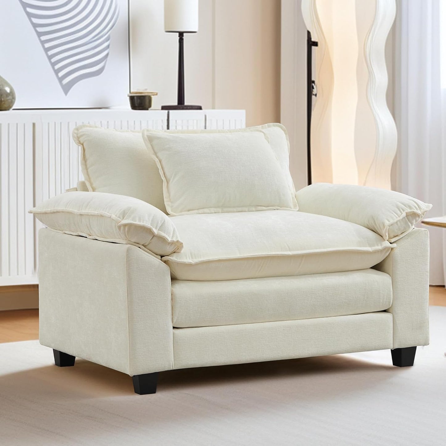 URRED Modular Sectional Sofa Comfy Cloud Couch, Modern Chenille Sofa Sleeper Deep Seat Couches with Ottoman/Pillows for Living Room (White, 53'')