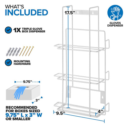 Stock Your Home (White Metal Triple Gloves Dispenser, Tissue Box Shelf, Glove Box Holder Wall Mount, For Kitchen, Cleaning Closet, Lab, Exam, or Office