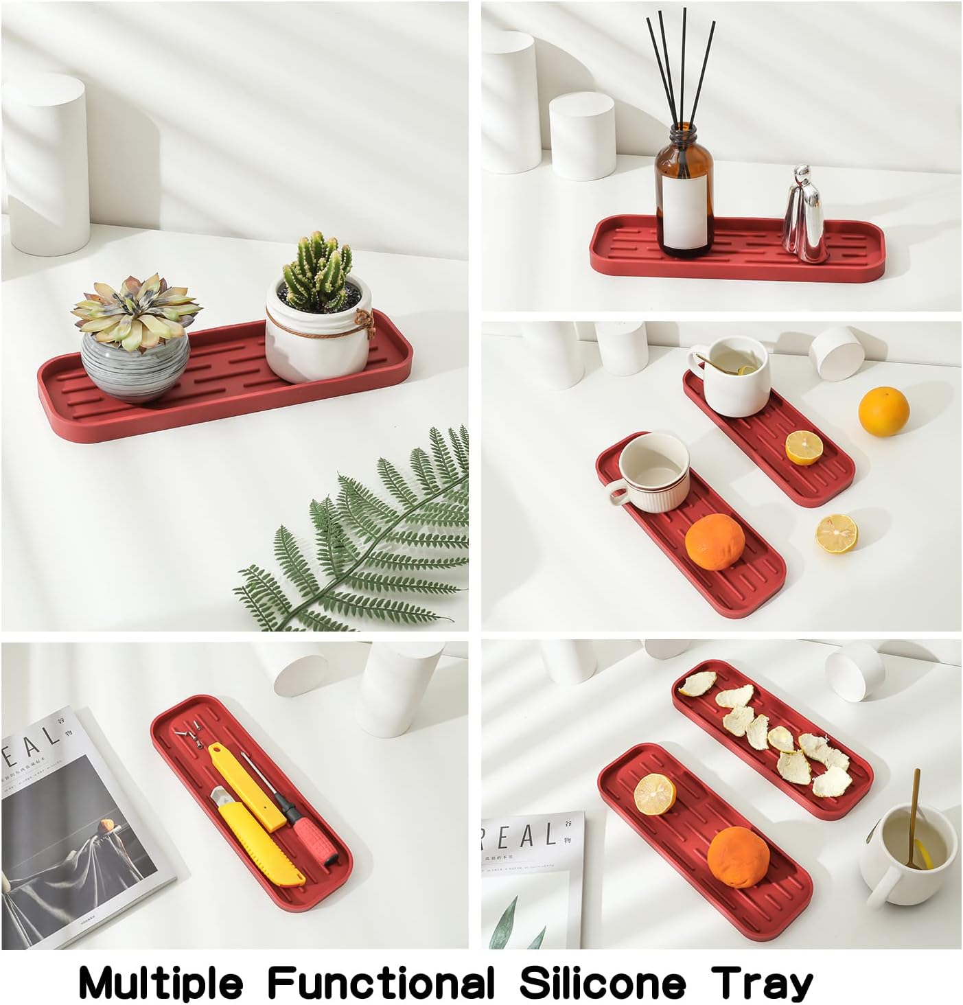 Silicone Kitchen Sink Organizer Tray for Multiple Usage,Eco-Friendly Sponges Holder for Kitchen Bathroom Counter or Sink,Dish Soap Dispenser,Scrubber,Bottle,Cup (Red, 12"×4")