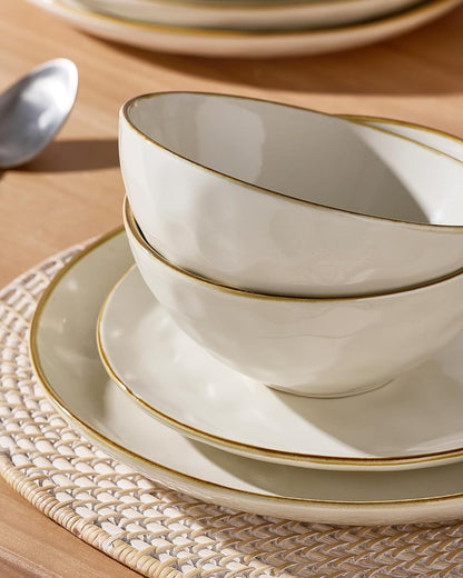 Famiware Ocean Round Plates and Bowls Set, 18 Pieces Dinnerware Sets, Dishes Set for 6, Microwave and Dishwasher Safe, Scratch Resistant, Vanilla White