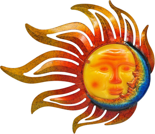 Sun Metal Wall Art Outdoor Decor Sun Moon Face Wall Decor Rust Proof Large Metal Sun(18Inch) Hanging Patio Living Room Bedroom Garden Fence