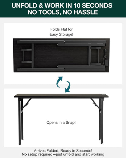 Frylr Small Folding Computer Desk – 55.1 Inch Portable Table for Craft and Study, Lightweight Desk for Small Spaces, Foldable Laptop Table Built-in AC/USB Outlets for Convenience, Charcoal Wenge