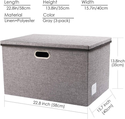PRANDOM Extra Large Collapsible Storage Bins with Lids [3-Pack] Linen Fabric Foldable Storage Baskets Boxes Organizer Containers Cube with Cover for Bedroom Closet Office Nursery (22.8x15.75x13.8)