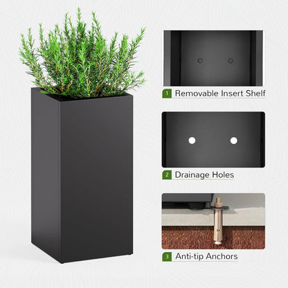 Stoog 30" Tall Planters for Outdoor Plants, All-Weather Metal Planter Boxes Set of 2, with Removable Insert Shelf, Modern Design, Indoor/Outdoor Use, Black