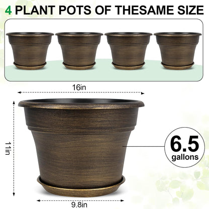 16 inch Plant Pots Outdoor Planters，4 Pack Large Plastic Flower Pot for Indoor Plants with Drainage Holes & Saucer, Resin Decorative Container Sets with Trays for House Outdoor Garden Plant Dark Gold