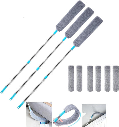 Saker Plus Retractable Gap Dust Cleaning Artifact, Saker Plus Flat Duster for Under Furniture, Reusable Washable Bendable Dusting Wand with Microfiber Dusting Cloths (3PCS)