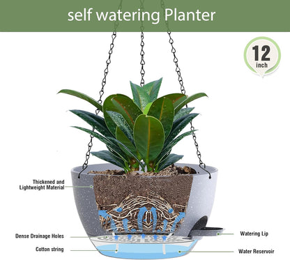 12 Inch Hanging Baskets 2 PC with Chains, Self-Watering Hanging Planters for Indoor Outdoor Plants, Plastic Hanging Flower Pots,Speckled Grey