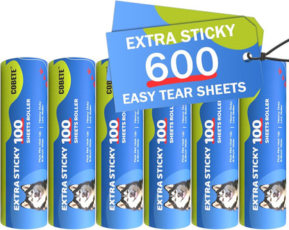 COBETE 6 Rollers Total 600 Sheets Extra Sticky Lint Roller Refills, for 6.3" Dog and Cat Lint Remover for Clothes, Couch, Furniture