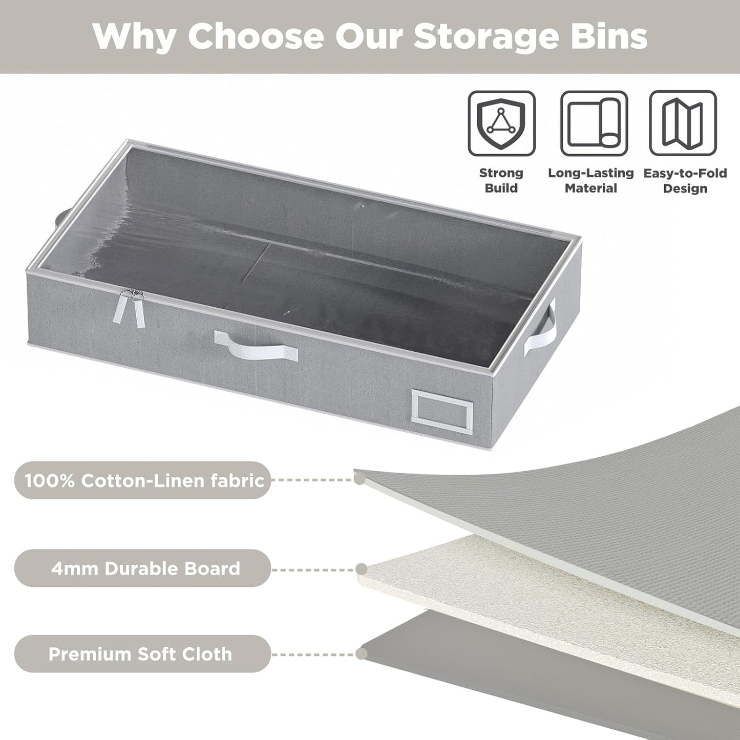 Under Bed Storage Containers, 2-Pack Underbed Storage Box, Collapsible Clothes Storage Bins with Handles and Lid, Large Under Bed Organizers for Shoe, Blanket, Toy, Pillow, Sheet, Gray