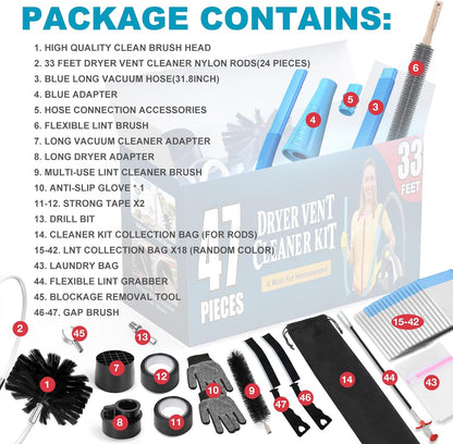 Sealegend 47-Pieces 33-Feet Dryer Vent Cleaner Kit, Dryer Cleaning Tools, Include Omnidirectional Blue Dryer Lint Vacuum Attachment, Dryer Vent Brush, Universal Vacuum & Dryer Adapters