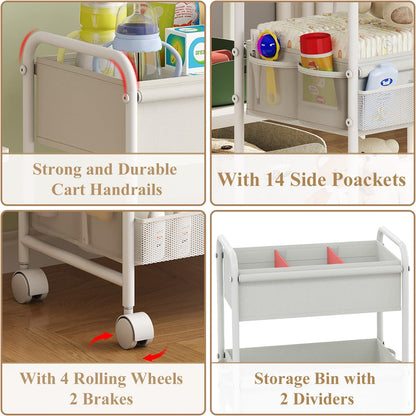 3-Tier Baby Diaper Caddy Cart Organizer,Mobile Nursery Organization with Wheels,with 2 Dividers & 14 Mesh Pockets Durable Metal Utility Cart for Nursery, Bedroom, Bathroom Essentials Organization