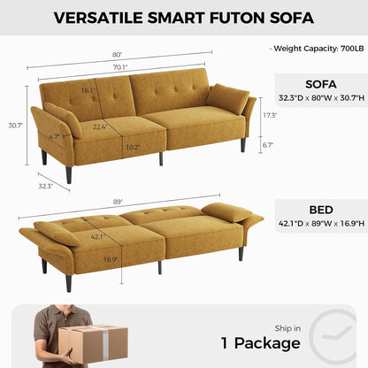 89” Futon Sofa Bed,Comfy Futon Couch Bed with 2 Square Pillows, Convertible Sleeper Sofa with Adjustable Backrest& Armrests, Modern Loveseat Sleeper for Living Room, Bedroom, Yellow