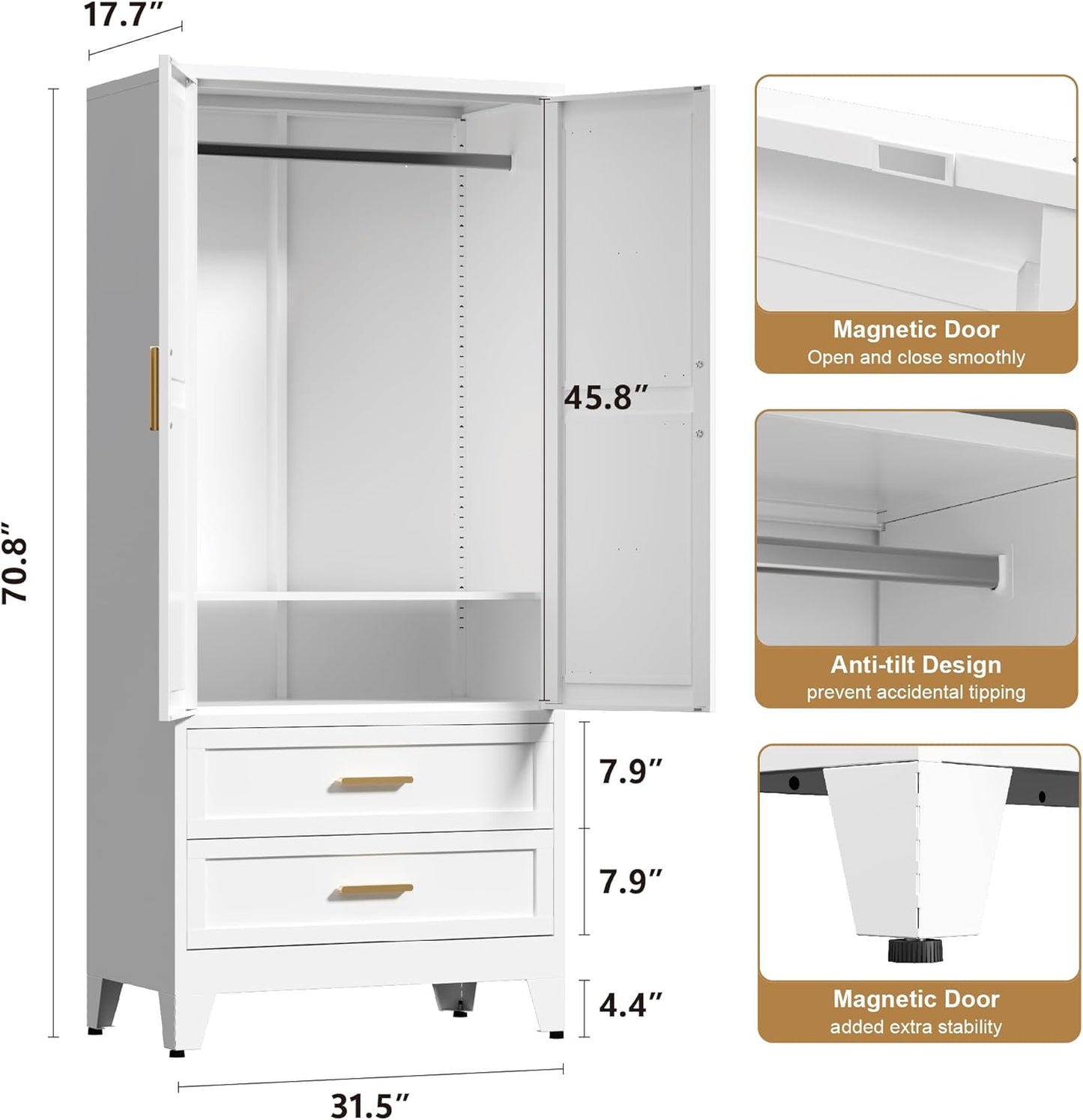 71'' Farmhouse Metal Wardrobe Cabinet with Hanging Rod, 2 Barn Door Wardrobe Closet with Adjustable Shelves,2 Drawer,for Dining Room,Bedroom,Living Room, Cloak Room,Office (White)