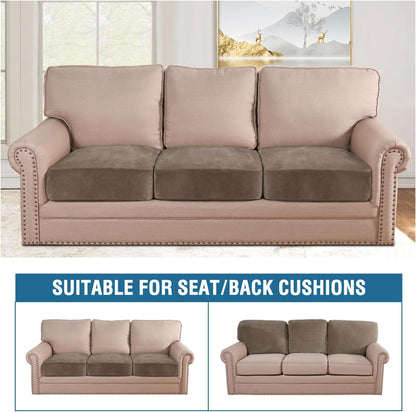 H.VERSAILTEX Velvet Stretch Couch Cushion Cover Plush Cushion Slipcover for Chair Loveseat Sofa Cushion Furniture Protector Seat Cushion Sofa Cover (3 Piece XL Sofa Cushion Covers, Mocha)