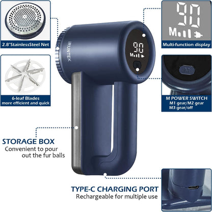 iRUNTEK Rechargeable Fabric Shaver & Lint Remover｜3-Speed Lint Shaver with LED Display & Large Lint Bin｜Sweater Shavers to Remove Pilling｜Eliminates Fuzz & Pilling from Clothes Couch Furniture, Navy