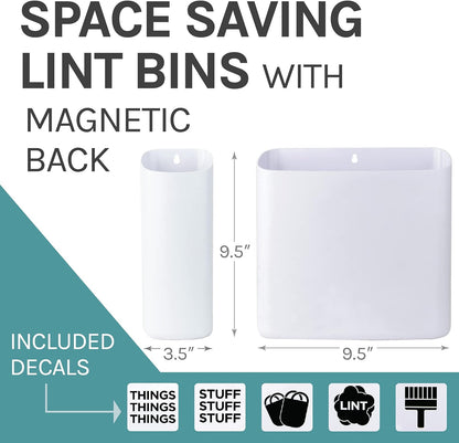JS Jackson Supplies White Lint Bin with Magnetic Back (Set of 2), Large and Small Space Saving Trash Bins and Organizers for Laundry Room and Kitchen, Wall Mountable