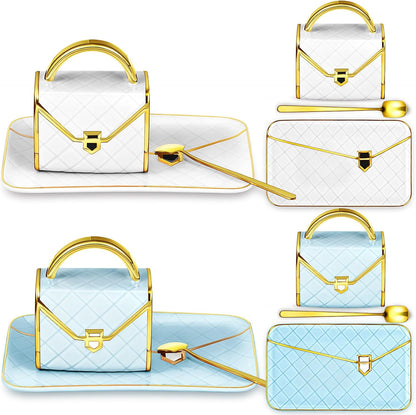 Zubebe 2 Sets Coffee Mug Elegant Handbag Shaped Cup Modern Ceramic Purse Mug with Spoon and Saucer, 10oz Cute Creative Tea Cup for Office Home Woman Girls Gift (White,Blue)