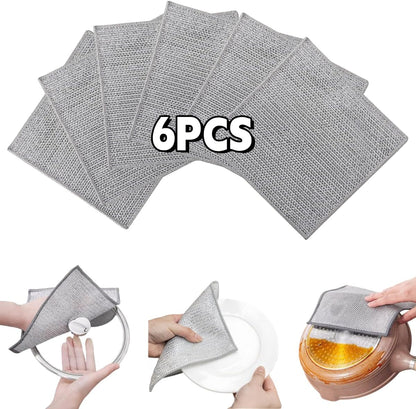 Stainless Steel Scrubber and Cleaning Rags - Non Scratch Wire Dishcloth for Washing Dishes, Steel Wool Scrubber and Dish Towels for Kitchen (6PCS)