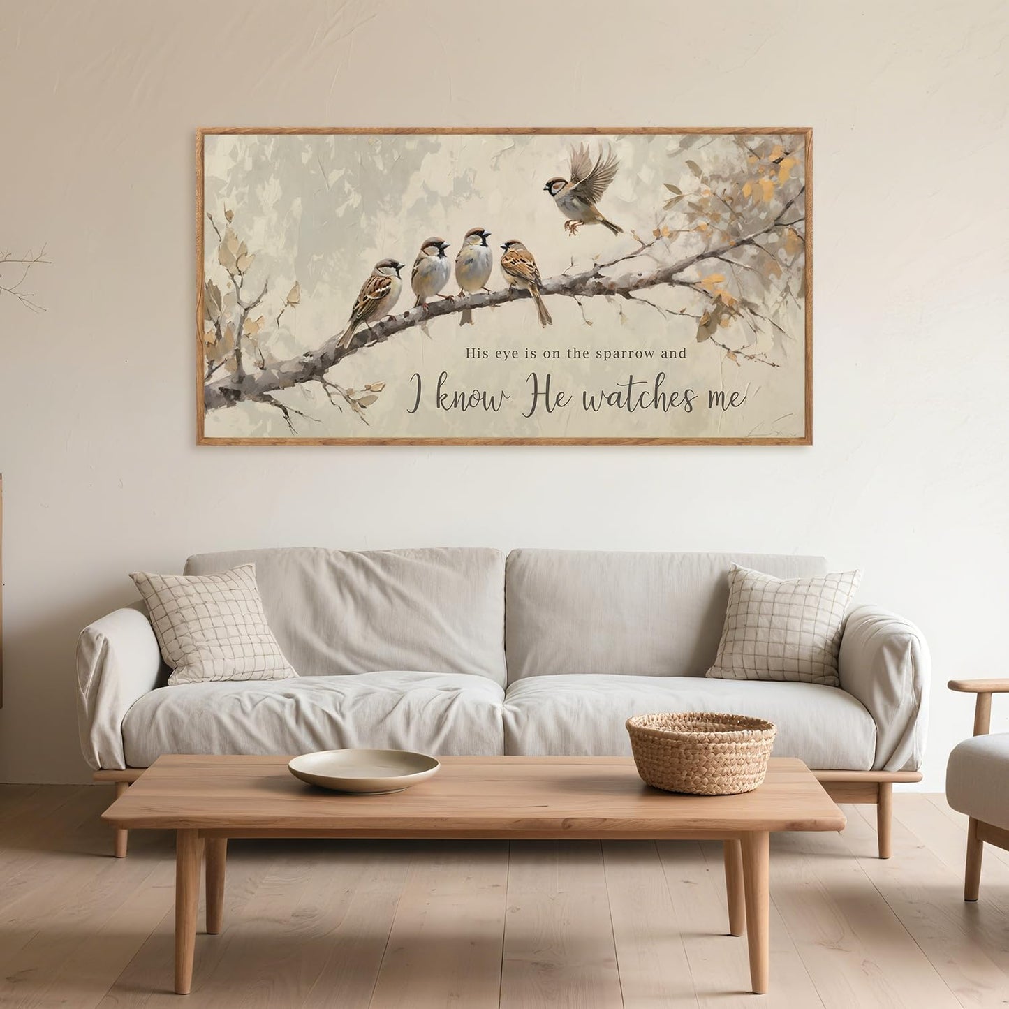 Aurlan His Eye is on the Sparrow Christian Wall Art Framed(40"x20"), Vintage Neutral Birds on Tree Branch Nature Canvas Artwork, Religious Faith Gift Bible Verse Scripture Print Decor for Home Office Bedroom