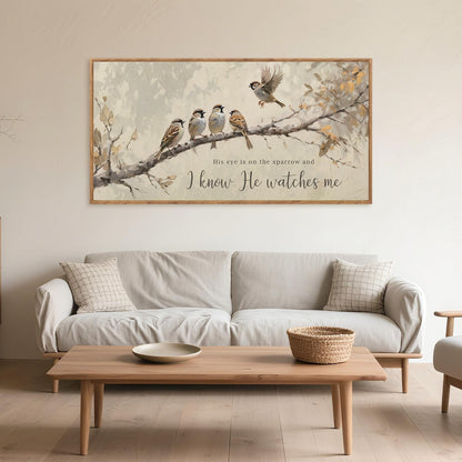 Aurlan His Eye is on the Sparrow Christian Wall Art Framed(40"x20"), Vintage Neutral Birds on Tree Branch Nature Canvas Artwork, Religious Faith Gift Bible Verse Scripture Print Decor for Home Office Bedroom